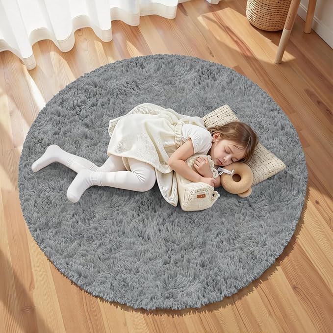 Light Gray Round Fluffy Rug 6ft Plush Fuzzy Shaggy Carpet,Soft Rugs for Living Room for Nursery,Preppy Dorm,Classroom,Playroom,Teen,Baby Home Decor (Light Gray 6"x6")