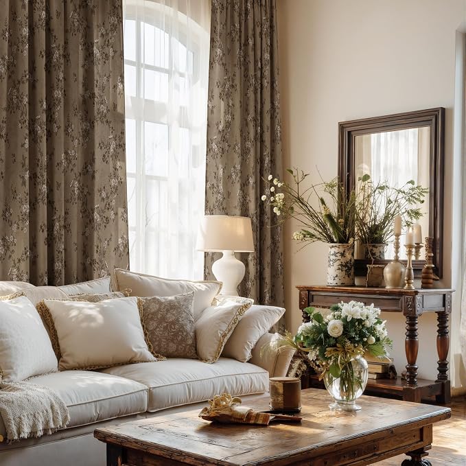 StangH Vintage Floral Curtains French Country Linen Texture Light Filtering Printed Drapes Victorian Decor for Living Room/Bedroom/Dining Room, W52 x L84, Khaki, 2 Panels