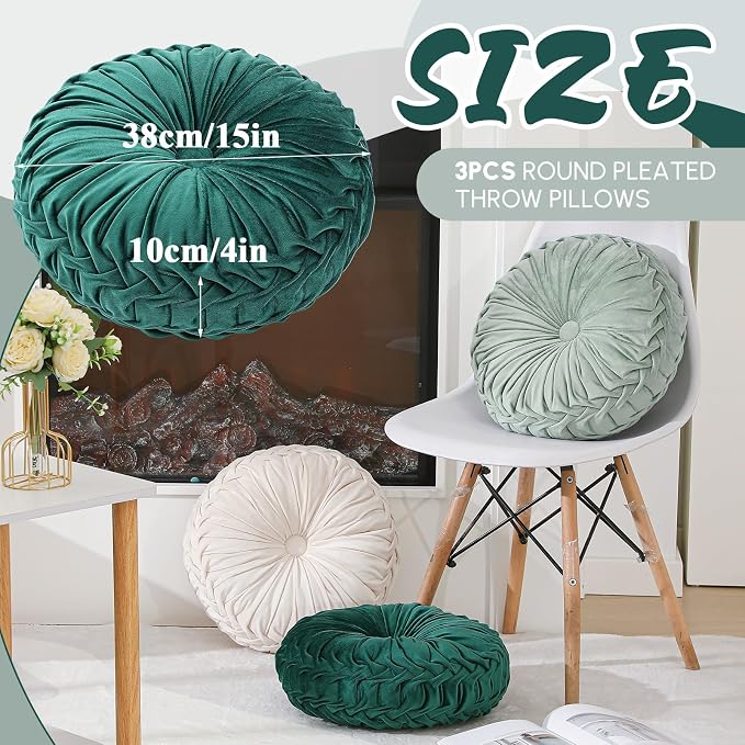 Drydiet 3 Pcs Round Throw Velvet Pillows Decorative Pleated Throw Pillows Diameter Accent Pumpkin Boho Chair Cushion for Couch Sofa Home Decoration (White,Light Green,Green,15'')