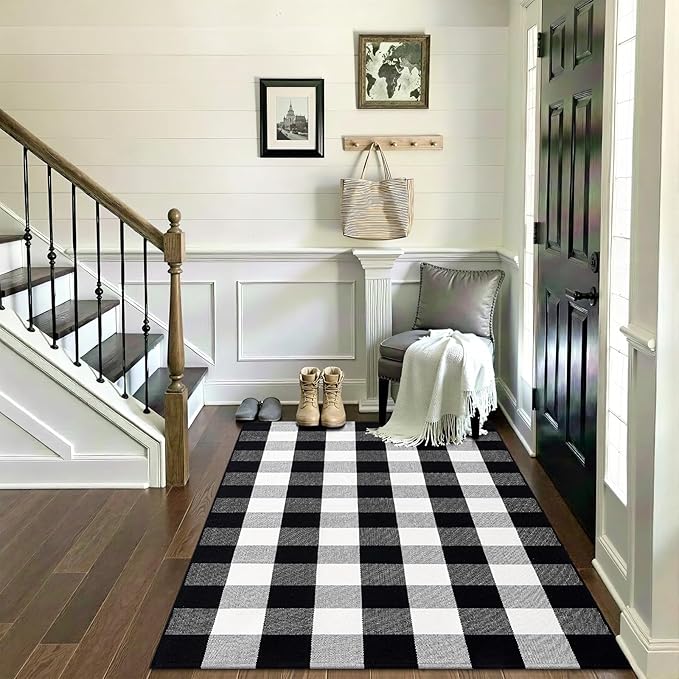OLANLY Buffalo Plaid Rug 3' x 5' – Black and White Cotton Checkered Doormat, Washable Indoor Outdoor Rug for Layered Front Porch, Kitchen, Entryway Decor