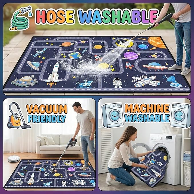 Space Rug for Boys Room 4.5x6 Feet, Non Slip Kids Area Rug with Solar System Planets and Astronaut Pattern, Galaxy Educational Carpet for Bedroom Nursery, Toy Cars Activity Zone