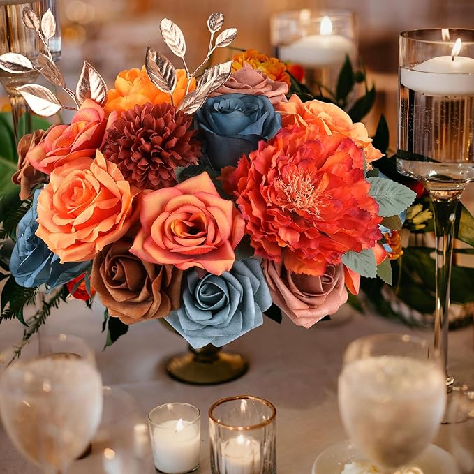AGIRL Artificial Flowers Combo Silk Mix Teal Orange Fake Flower with Stems for DIY Wedding Bouquets Centerpieces Arrangements Table Chair Decor Baby Shower Home Decor (Teal Orange)