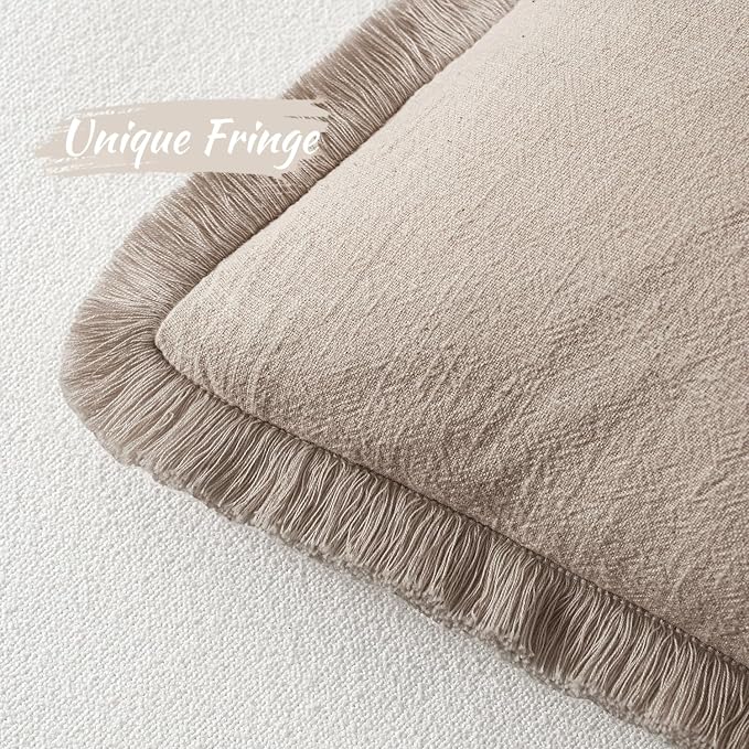 MIULEE Decorative Lumbar Throw Pillow Covers Neutral Linen Fringe Throw Pillows Set of 2 Natural Linen Boho Farmhouse Cushion Covers for Couch Sofa Bed Living Room Spring Home Decor 12x20 Inch