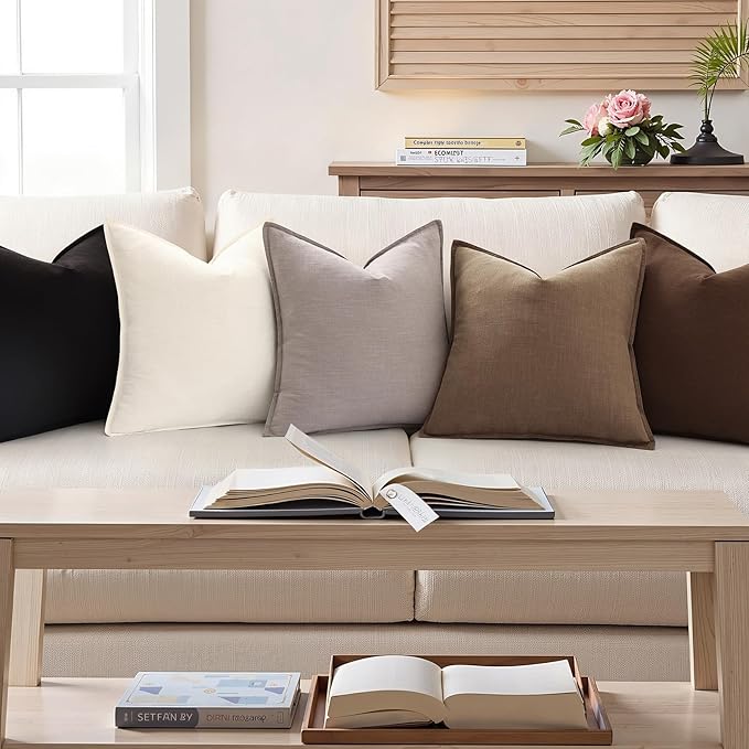 decorUhome Summer Decorative Linen Euro Sham Throw Pillow Covers 22x22 Inch Set of 2 Light Brown Pillow Covers with Flange Edges Soft Farmhouse Boho Accent Pillow Cases for Couch Bed Living Room