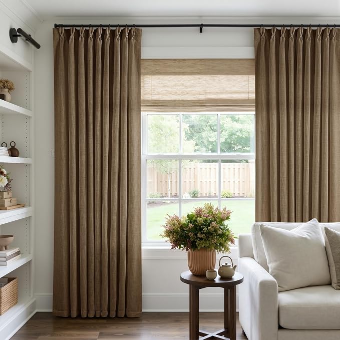 Dutch Cocoa Pinch Pleated Linen Curtains 90 Inches Long 60 Inch Width Linen Blend Light Filtering Window Curtains 90 Inch for Living Room Bedroom Patio Pinch Pleat Drapes Hooks Rings 1 Panel 60Wx90L