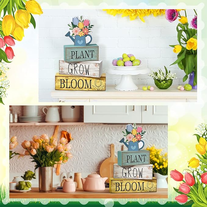 Moucuny 4 Pcs Spring Table Decorations Flower Wooden Signs Spring Tiered Tray Decor Wooden Flower Kettle Block Signs Pastel Table Centerpieces Decor for Home Kitchen Shelf