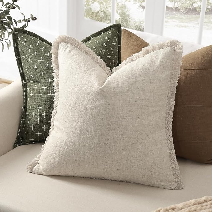 ZWJD Pillow Covers 20x20 Set of 2 Throw Pillow Covers with Fringe Chic Cotton Euro Shams Square Cushion Covers for Couch Sofa Bed Living Room Farmhouse Boho Decor, Natural Beige