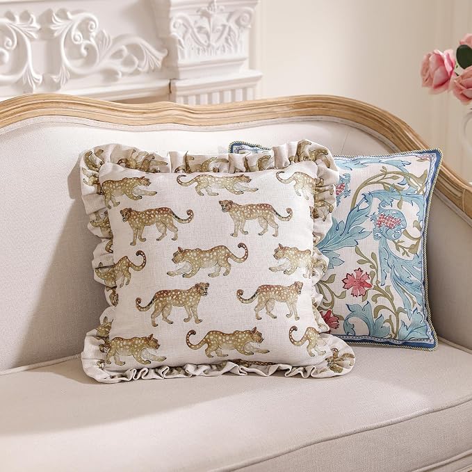 patdrea Designer Vintage Linen Throw Pillow Cover,18"x18"-Fromm C | Elegant Decorative Pillow Case with Zipper,Ruffle Leopard Pattern,Pillow Cover for Couch Living Room Bedroom Sofa