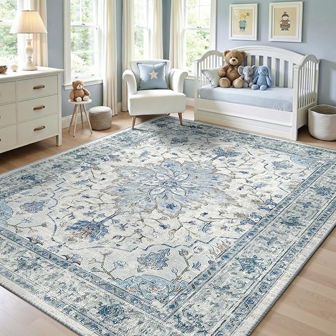 RELEANY Area Rugs 5'x7' Washable Non-Slip, Floral Vintage Distress Print Pattern Medallion Carpet for Living Room Bedroom Dining Room, Light Blue Navy Beige Gray White