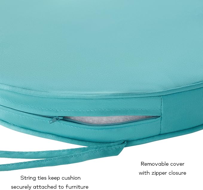 Set of 2 Outdoor 18 inch Round Patio Dining Chair Pads – Comfortable Fiber-Filled Seat Cushions with Ties, Reversible Polyester Fabric, Teal