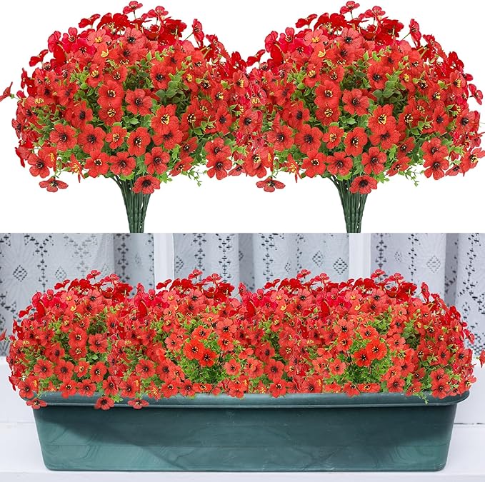 MERIXMAS 24 Bundles Artificial Flowers for Outdoors Decorations, Fake Flowers Artificial Plants Outdoor, Colorful Daisy Eucalyptus Realistic UV Resistant for Garden Patio Porch Home Decor, Red