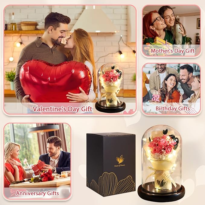Beauty and The Beast Rose,Lasts Forever Pink Roses,Light Up Rose in Glass Dome,Gifts for Women,Birthday Gifts for Mom,Wife,Grandma,Anniversary,Mothers,Thanksgiving,Christmas Flowers Gifts