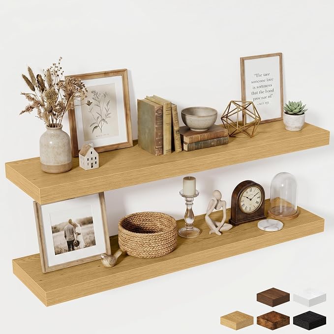 Fun Memories 55 Inch Floating Shelves for Wall - 12 Inch Deep Fireplace Mantel Shelf - Wood Floating Shelf for Wall - Large Storage Shelves Wall Mount for Living Room & Bedroom - Oak - Set of 2