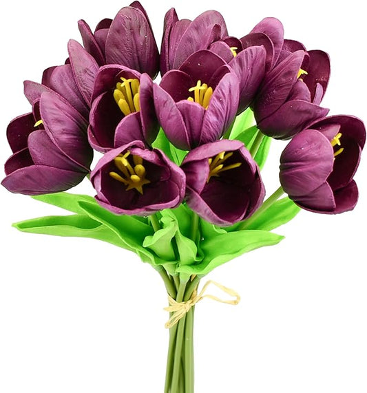 Mandy's Grape Purple Partially Open Artificial Tulips Flowers Centerpiece, 13.5" Lifelike PU Fake Floral Stems 12pcs for Kitchen Island & Dining Table, Spring Decor for Easter