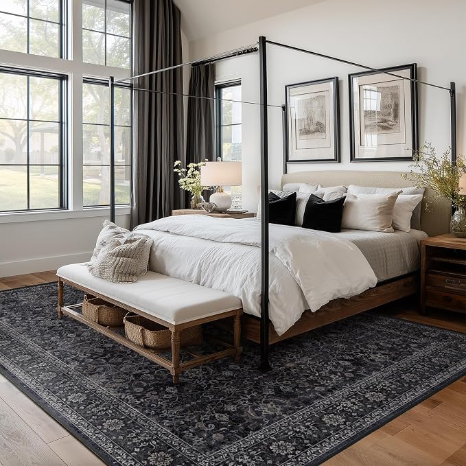 Vintage Dark 7x9 Rugs for Bedroom, Washable Non Slip Low Pile Thin Area Rug for Living Room Dining Room, Farmhouse Carpet Rug for Playroom Guest Room Home Office, Farmhouse Distressed Midnight