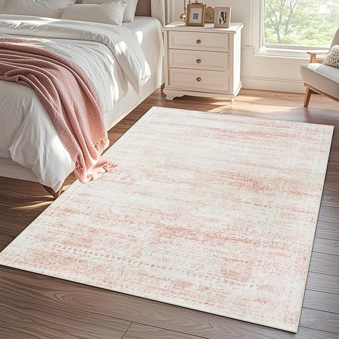 Srugn Washable Rugs 6x9 Area Rugs for Living Room,Bedroom,Dining Room- Ultra Soft Faux Wool Nursery Rug for Baby Girl,Neutral Light Pink Low Pile Vintage Carpets for Dorm Kids Playroom,Non Slip