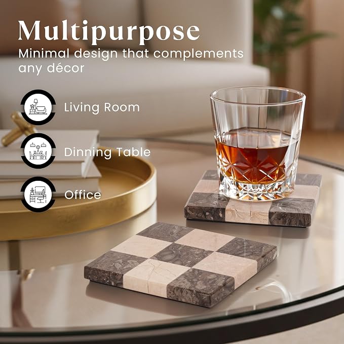 Marble Coasters Set of 4, Oceanic & Verona Handmade 4 inch Square Stone Coaster, Decorative Checkered Cup Coaster for Coffee Table, Housewarming Gift & Luxury Kitchen Accessories