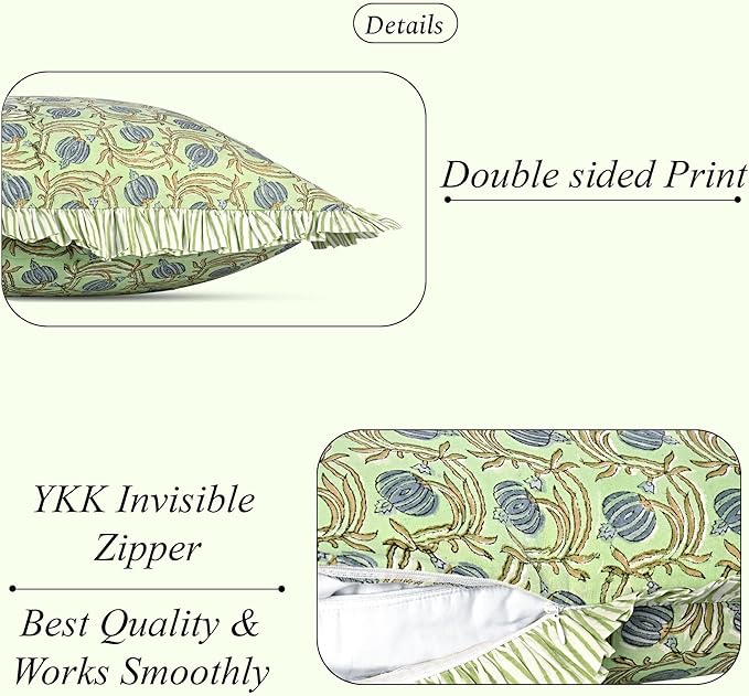 Ridhi Block Print Apple Green Floral Throw Pillow Cover 18" x 18" (Pack of 2) Decorative Cushion Covers with Ruffle for Couch, Sofa, Bed, Living Room, Home Decor Gift for Spring, Easter, Valentine