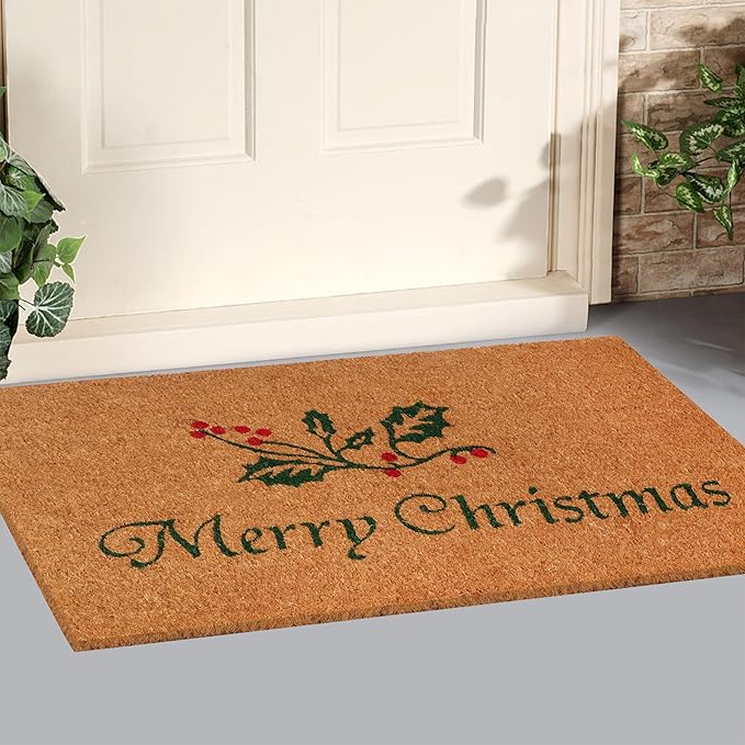 A1HC Natural Coco Coir Door Mat Merry Christmas with Heavy Duty Non-Slip PVC Backing - 18" x 30" - Easy to Clean, Holiday Welcome Mat for Home, Low-Profile Durable Doormat