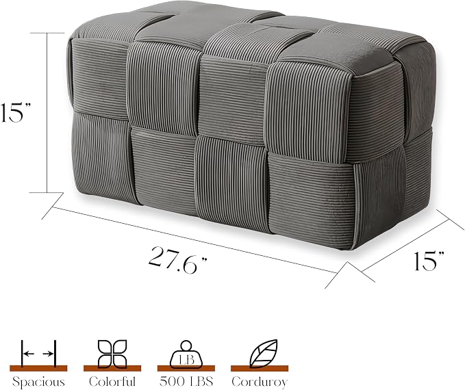 Cmishe 28" Rectangular Woven Corduroy Ottoman Footrest - Large Modern Entryway Bench & Bed End Stool, Sturdy Wood Frame, No Assembly (Grey-L)