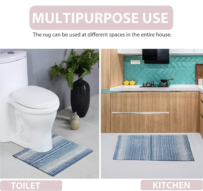 Home Weavers 100% Cotton Gradiation Collection Bathroom Décor | Washable Rug | Bathroom Mat | Kitchen Mat | Bathroom Rug Set | Bath Mat Set | Bath Floor Mat Non Slip, 4 Piece Set with Runner, Blue