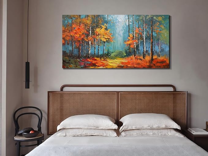 Arjun Nature Wall Art Landcape Canvas Forest Painting, Textured Reddish Forest Framed Artwork Large Picture Living Room Bedroom Dining Room Kitchen Home Office Wall Decor 48"x24"