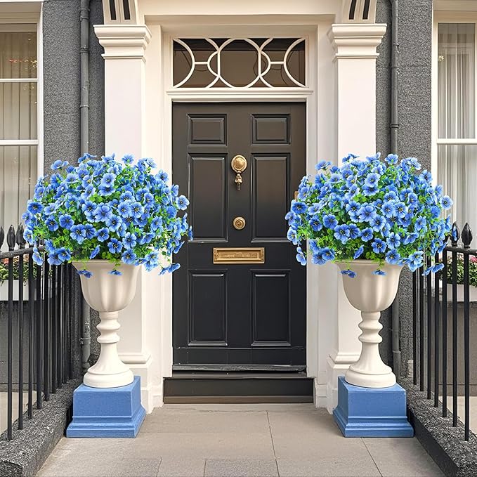 Ouddy Decor 12 Bundles Artificial Flowers for Outdoors Fake Silk Flowers UV Resistant Faux Plastic Plants for Spring Summer Garden Porch Window Box Table Vase Home Indoor Outdoor Decoration, Blue