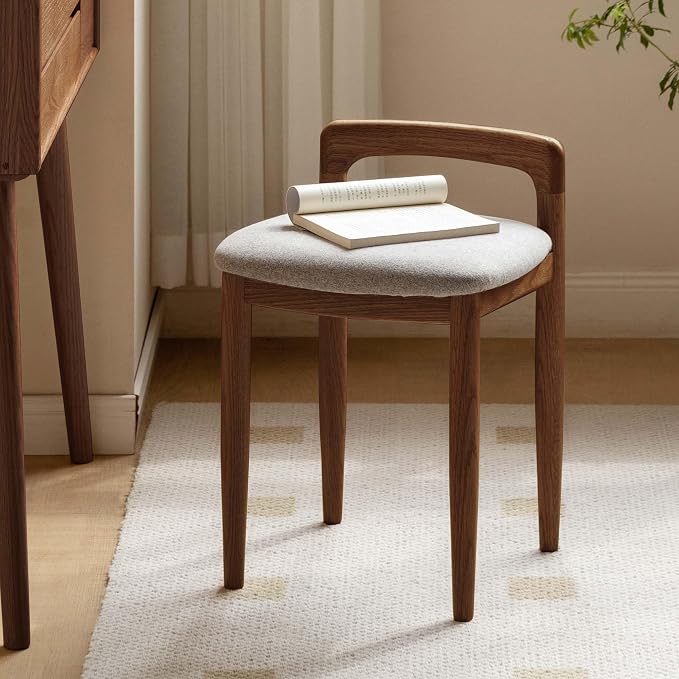 Vanity Stool Oak Wood Vanity Chair, Wooden Chair for Vanity with Upholstered Cushions for Living Room, Bedroom, Walnut