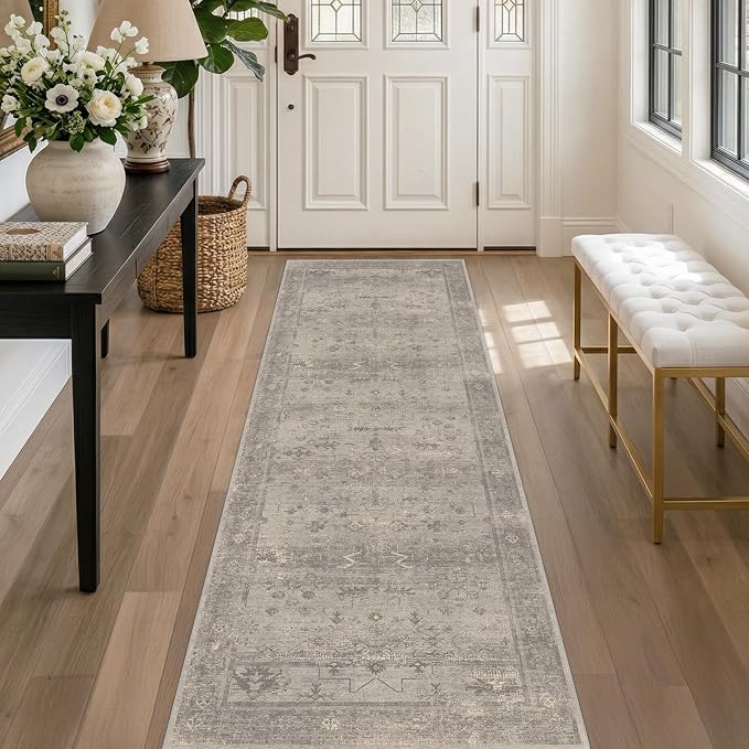 TALANOVA Bathroom Runner Rug 2x6, Washable Non Slip, Soft Stain Resistant for Kitchen, Hallway & Laundry Room, Greige, Warm Grey Granite, Vintage Mineral Geometric, Modern Farmhouse Rustic