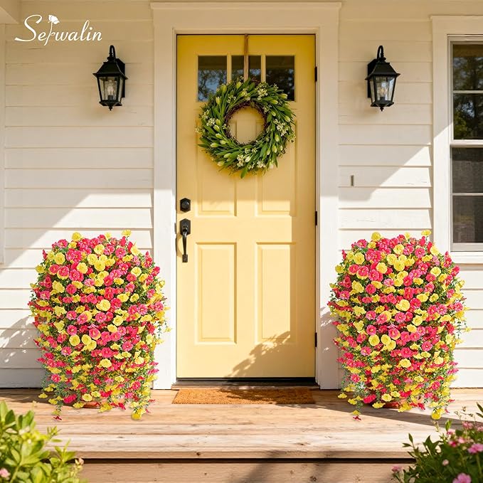 Serwalin Artificial Hanging Flowers for Outdoors UV Resistant, 4PCS Faux Morning Glory Fake Outdoor Flowers Realistic Silk Flower Plants for Outside Planter Front Door Porch Patio Yard Decor