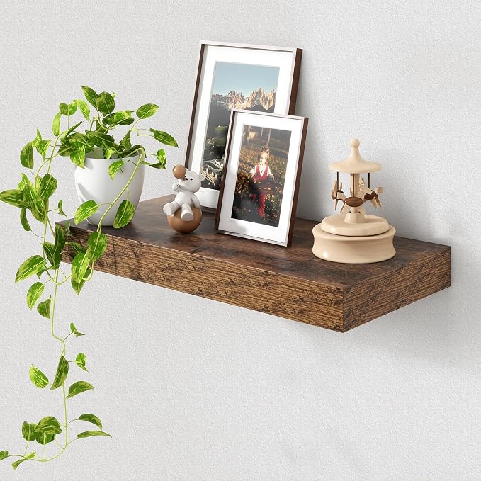 FLYJOE 24'' Brown Floating Shelves, 12 Inch Deep Shelves for Wall Set of 1 | 24'' x 12'' Rustic Brown Wood Shelves for Framhouse Living Room Bathroom Kitchen Laundry Room