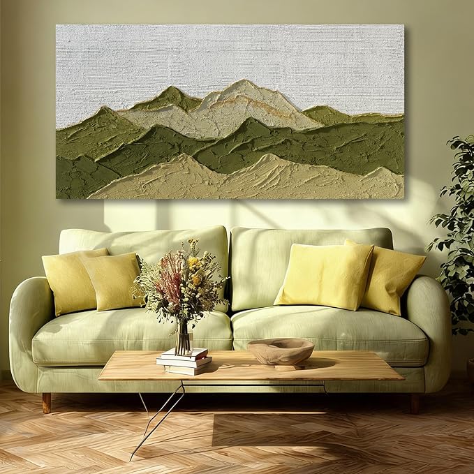 Dolidoteart Green Beige White Mountain Wall Art, Hand Painted Oil Painting on Canvas, Large Landscape Wall Decor for Living Room Bedroom Office, Horizontal 24x48 Inch