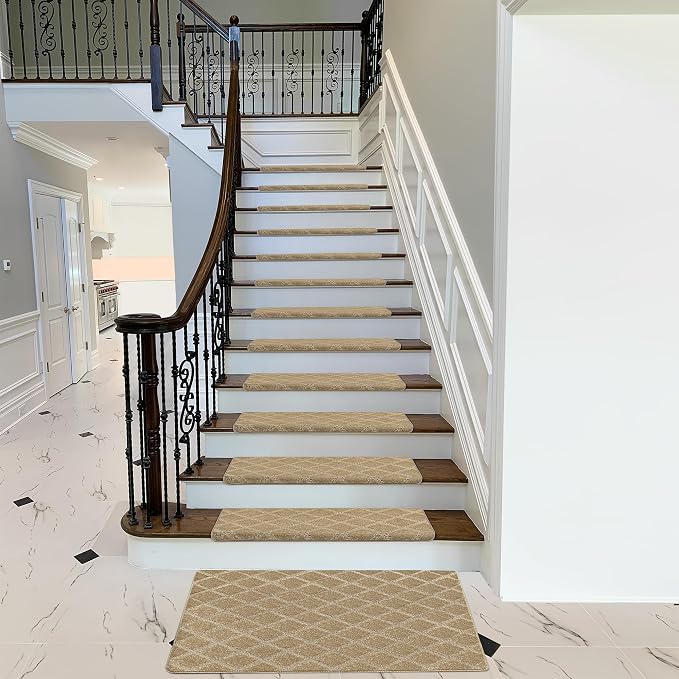 PURE ERA Bullnose Carpet Stair Treads Set Tape Free Non-Slip Indoor Stair Protectors Pet Friendly Rugs 9.5" x 30"(2 Pieces,Khaki Diamond Trellis)
