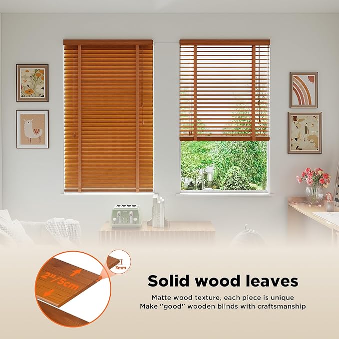 2" Slats Wood Blinds for Indoor Windows: Solid Wooden Blackout Blinds & Shades,Black Out Privacy Horizontal Blinds for Home Bedroom Bathroom Living Room Windows and Doors 57.5" WX72 H Light Brown