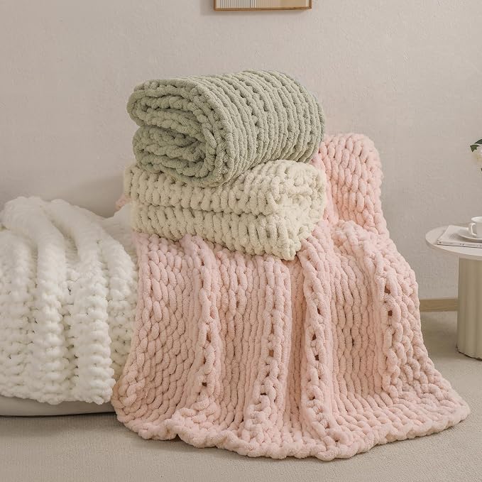 bearberry Chunky Knit Throw Blanket 60x80 Inches Handmade, Soft Jumbo Chenille Yarn with Cable Rope Knot Design, Thick Cozy Large Blanket for Couch, Sofa, Bed & Living Room Home Decor, Cream