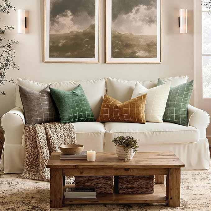 MIULEE Decorative Chenille Check Throw Pillow Covers Vintage Plaid Couch Pillows 18x18 Inch Set of 2 Neutral Boho Cushion Covers Modern Spring Home Decor for Sofa Bed Living Room Moss Green