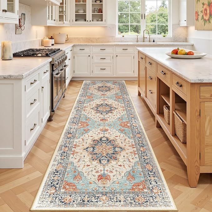 RELEANY Area Rugs 3'x9' Runner Rug Non Slip Washable for Kitchen Hallway Bedroom Beside Laundry Room Bathroom Rug, Floor Carpet, Beige Navy Blue Orange Colorful
