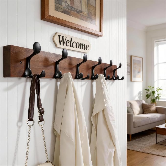 WEBI Coat Rack Wall Mount,36" Solid Wood Coat Hooks Wall Mounted Coat Hanger,16" Hole to Hole,Heavy Duty 6 Triple Hooks for Hanging Coats,Jacket,Hat,Backpack,Farmhouse,Reddish Brown,2 Packs