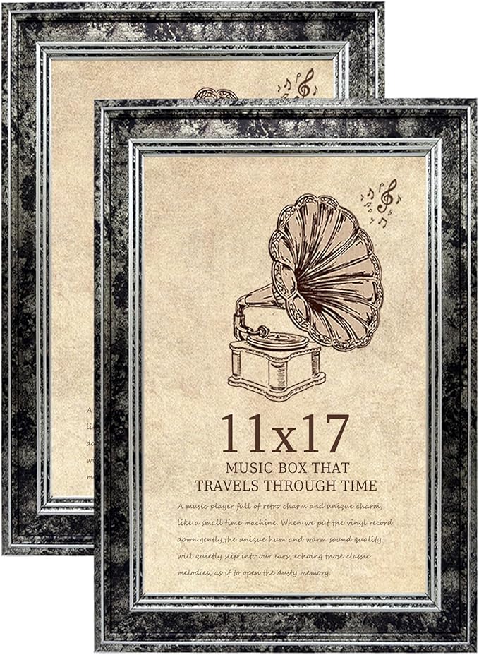 11x17 Picture Frame with Real Glass set of 2-Vintage Frames - Antique Style Frames for Wall - Ornate Frame for Rustic Black Office or Home Decor Display Family Friends Wedding Gift