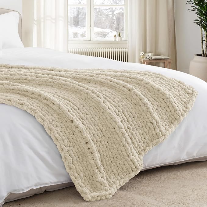 Chunky Knit Throw Blanket 50x60, 100% Handmade Chenille Yarn | 4.4lbs Soft Thick Cable Knitted Blankets, Large Rope Knot Crochet Throws for Couch Sofa Bed Machine Washable, Light Beige