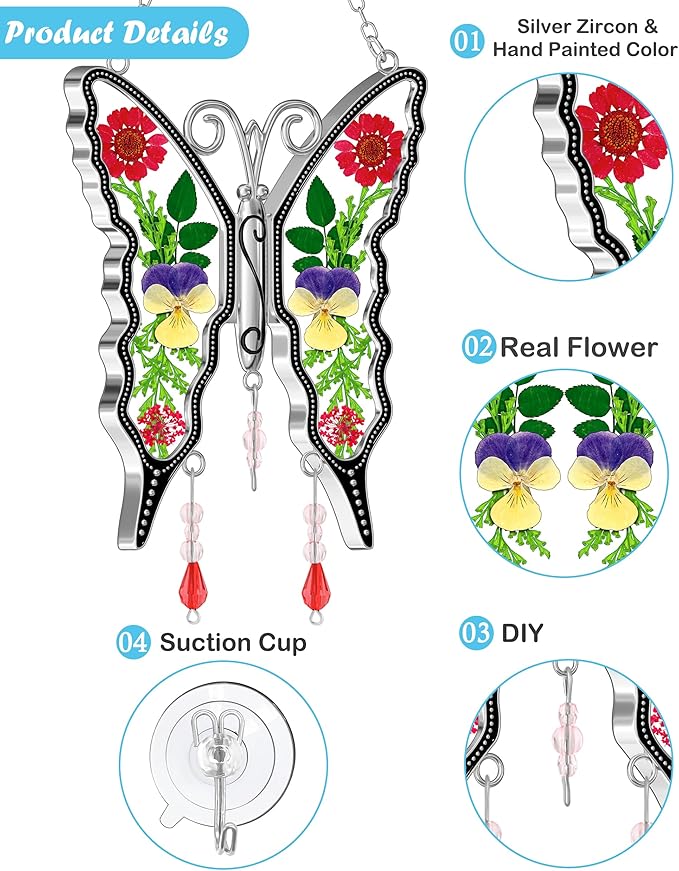 KY&BOSAM Butterfly Suncatcher Staiend Glass for Windows Hangings Wind Chimes Ornament with Pressed Dried Flowers Between Wings and No Charm Gift for Mom Mothers Day Valentine's Birthday Thanksgiving