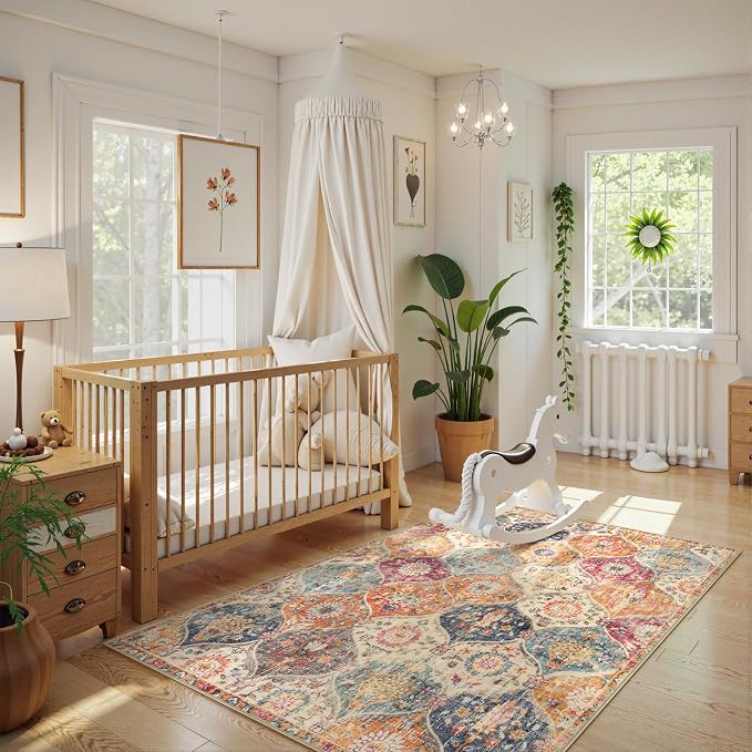 Lahome Moroccan Machine Washable Rugs for Living Room, 4x6 Rug for Bedroom Non-Slip Vintage Trellis Ultra-Thin Throw Carpet for Dining Room Office Nursery Elise, Cream/Multi