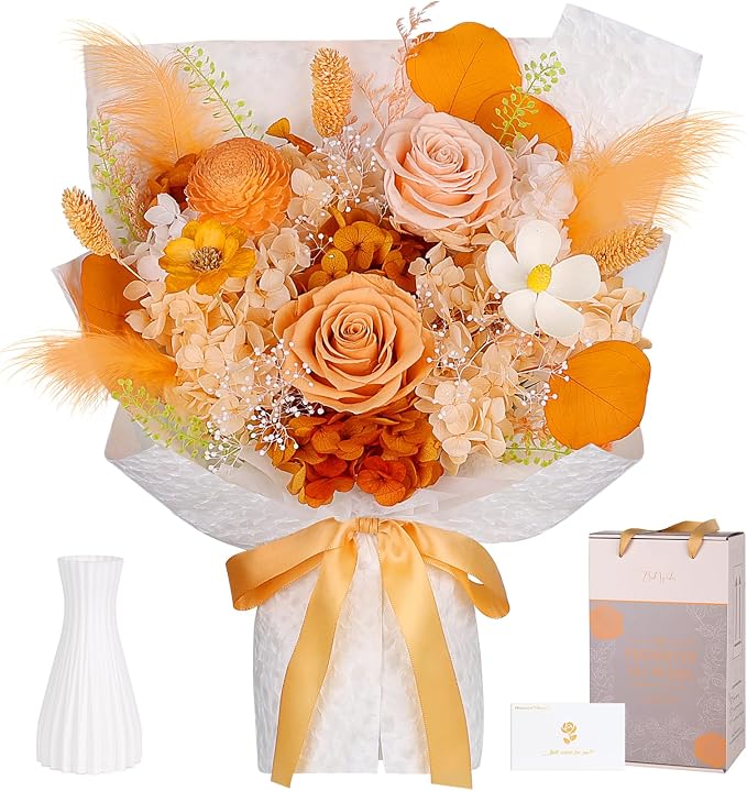 Preserved Flowers Bouquet - Forever Flowers for Delivery, Eternal Roses Bouquet That Last 3 Years, Mothers Day Gifts for Mom Grandma Wife, Anniversary Birthday Gifts for Women, Light Orange
