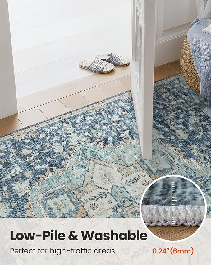 AMADA HOMEFURNISHING Washable Area Rugs, Low-Profile Washable Rug with Non-Slip Backing & Durable Edge Binding, Vintage Rugs for Living Room, Bedroom, Dinning Room (6x9, Blue/Yellow)