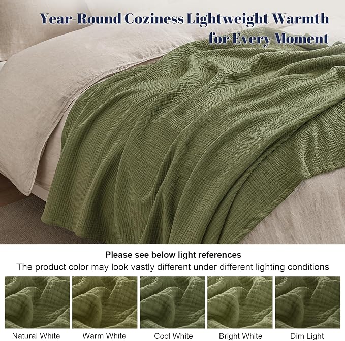 PHF 100% Cotton Muslin Blanket Twin XL Size 66"x90", 4-Layer Lightweight Gauze Throw, Breathable Cloud-Soft Minimalist Blanket for Bed, Couch, Camping & Baby, Olive Green, Ideal Gift