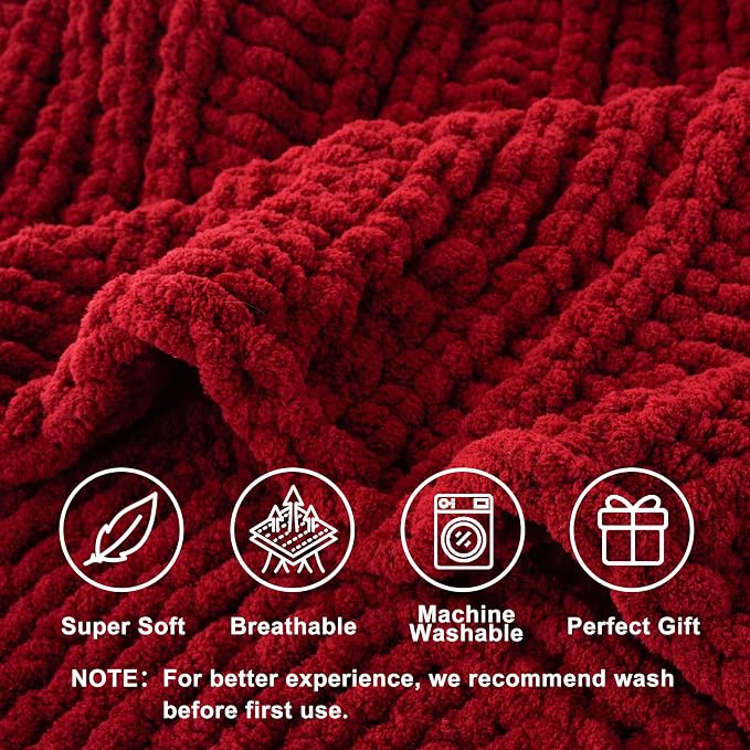 Battilo Chunky Knit Throw Blanket for Couch, Christmas, 50"x60", Dark Red | Hand Knit, Gift Blanket, Cozy Warm Thick Soft Chenille Throw Blanket for Bed, Sofa, Chair, Living Room