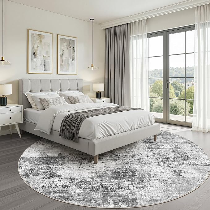 8ft Round Rug Living Room: 8x8 Washable Large Neutral Circle Area Rug Abstract Soft Modern Stain Resistant Indoor Floor Non-Slip Carpet for Bedroom Nursery Kids Office Playroom Dining Room- Black Gray
