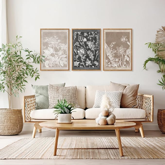 HOURIA 3Pcs Large Plant Leaf Flower Silhouette Framed Canvas Wall Art(16"x24"),Minimalist Botanical Wall Paintings Neutral Floral Wall Decor Modern Black Brown Art Print For Living Room Bedroom Office