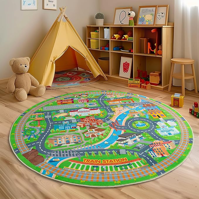 Car Rug Play Mat for Kids Toy Cars, Road Traffic Playmat for Kid Bedroom, Non-Slip Machine Washable Town City Race Track Carpet for Learn and Have Fun Round 72"