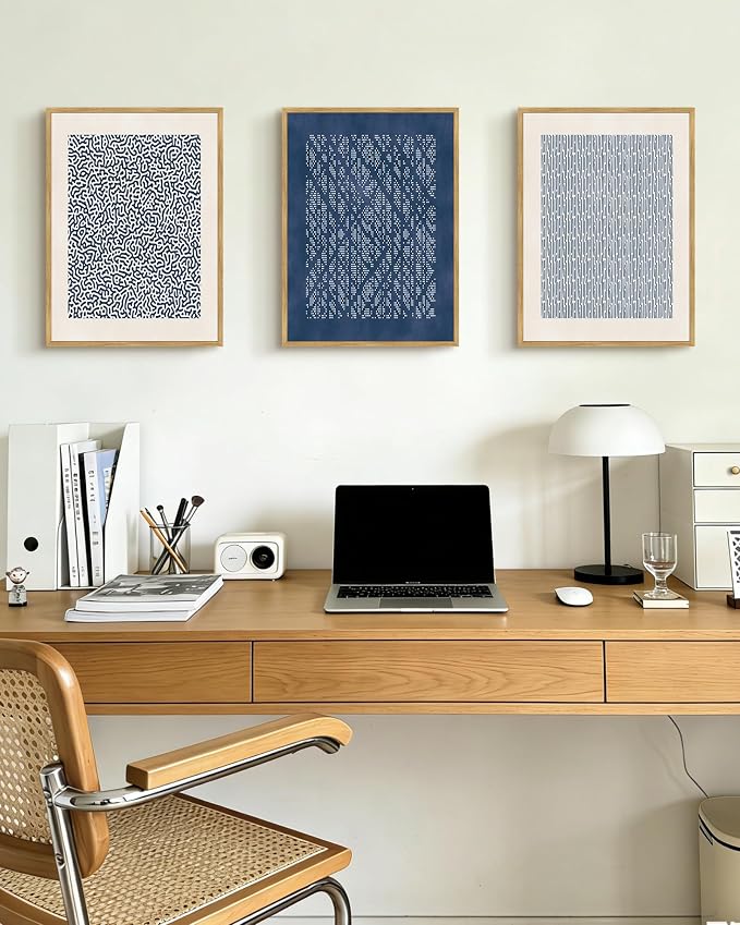PHOPAGO Neutral Abstract Framed Wall Art Bohemain Blue Mid-Century Wall Decor Modern Blue Mid-Century Geometric Art Paints for Kitchen Dining Room - 11x14in Natural Framed